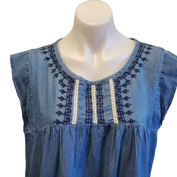 Knox Rose Womens Blue Boho Floral Embroidered Sleeveless Chambray Top Med - Picture 2 of 10